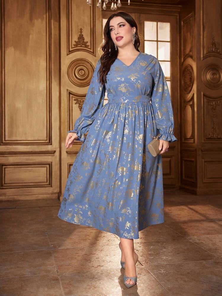 Plus Size V-Neck Floral Flared Sleeve Dress Fall Cloth For Women