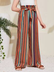 SHEIN Tween Girl編織條紋寬鬆假期寬腿褲 - 紅色 - 查看 1