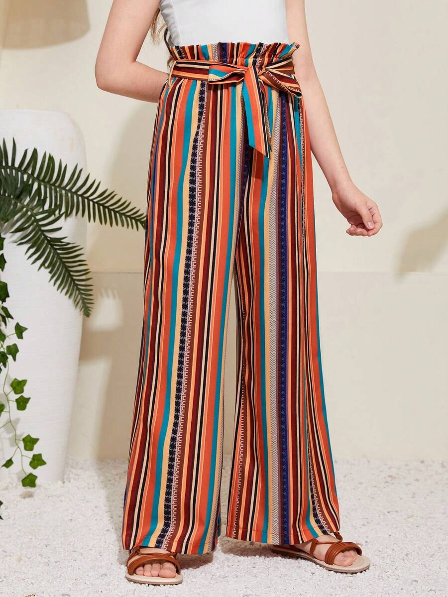 SHEIN Tween Girl編織條紋寬鬆假期寬腿褲 - 紅色 - 查看 1