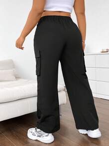 Flirla Pantalones De Carga Para Mujer De Tallas Grandes unicolor Con Cintura Plegable - Negro - Ver 2