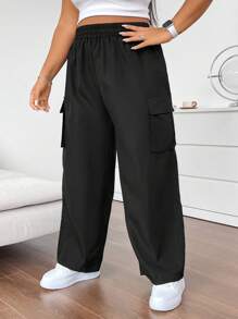 Flirla Plus Size Elastic Waist Flip Cover Pocket Casual Straight Pants Fall Cloth For Women - Black - View 3