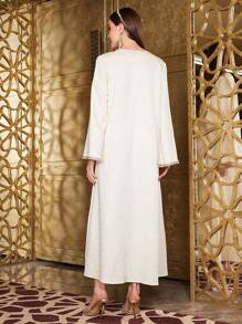 Al Najma Vestido modesto con cuello en V, aplicación bordada, mangas acampanadas, vestido árabe de manga larga elegante y de lujo, Kaftan