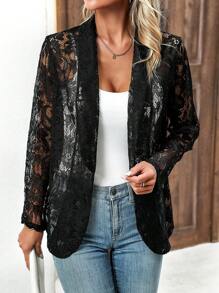 EMERY ROSE Màu thuần Ren mỏng Lỏng lẻo phù hợp Vòng cổ Viễn cảnh Áo khoác - màu đen - Xem 4