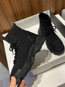 Women High Top Knit Lace-Up Front Sock Sneakers - Black - View 4