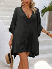 SHEIN Swim Váy che thân rộng rãi, cổ chữ V, họa tiết băng dệt, dành cho kỳ nghỉ, bãi biển mùa hè - màu đen - Xem 4