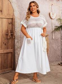 SHEIN Clasi Plus Size Knitted Patchwork Short Sleeve Long Dress - Multicolor - View 7