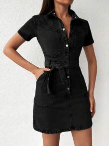 EURMUSE Slant Pocket Button Through Belted Shirt Denim Dress - Black - View 5