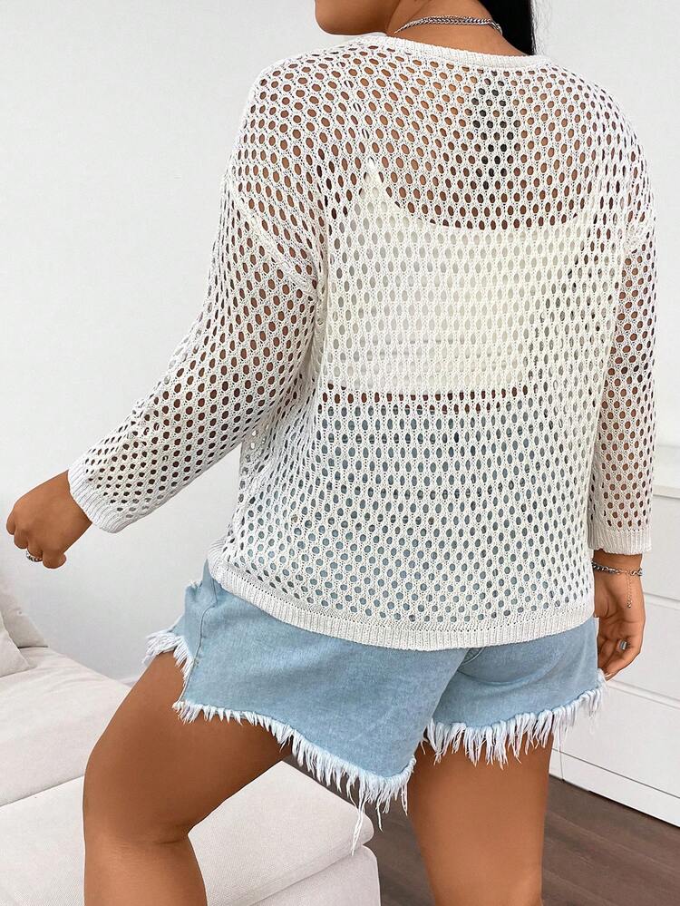 Plus Size Solid Color Hollow Knit Cover Up Summer
