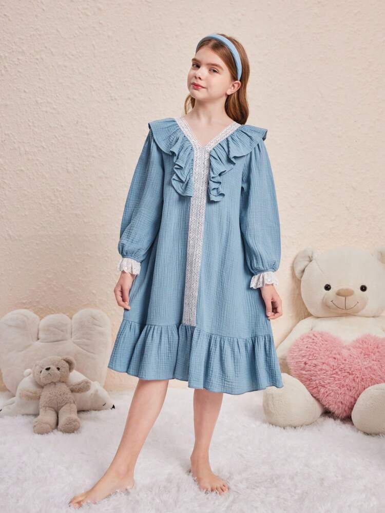 Tween Girl Home Wear Dress With Contrast Lace & Ruffle Decoration And Lantern Sleeve