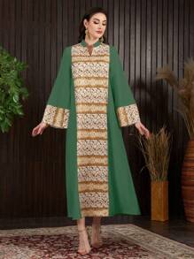 Al Najma Women's Fashionable Printed Patchwork Long Sleeve Arabian Dress