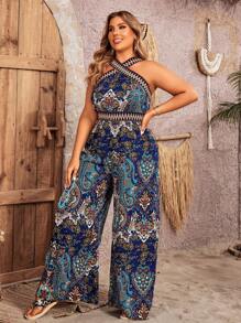 SHEIN Clasi Plus Size Boho Floral Print Cross Halter Jumpsuit, For Summer