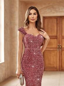 SHEIN Belle 女士甜心领口串珠鱼尾连衣裙，适合节日派对穿着，亮片长款女装，优雅女士连衣裙，商务休闲女装，圣诞派对礼服，夜店装扮，性感辣妹装，短款女装，演唱会女装，鸡尾酒会短款连衣裙，新年节日派对服装 - 藕粉色 - 查看 5