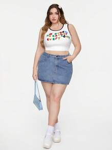 SHEIN Qutie Plus Size Knit Tops Rib-Knit Contrast Binding Bunga Huruf Casual - Putih - View 5