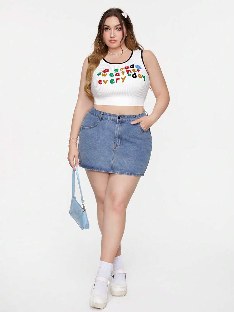 Plus Size Colorful Towel Embroidery Letter Crop Knitted Top