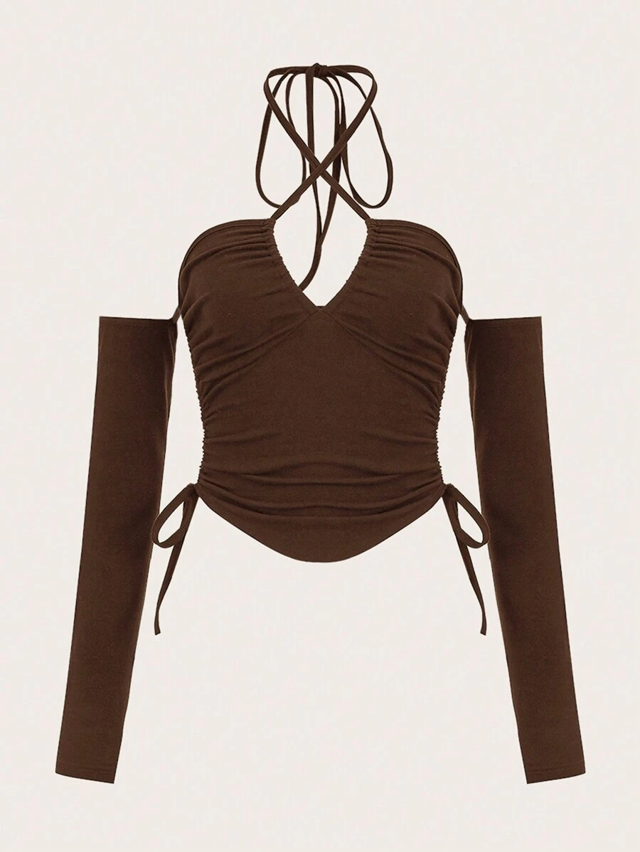 SHEIN ICON Áo nữ Lộ Lưng Dây kéo Buộc lại Hội Chữ thập Xù màu trơn Gợi cảm - Màu nâu Sô-cô-la - Xem 1