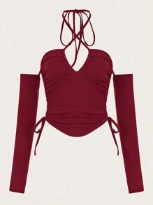 SHEIN ICON Áo thun nữ Hội Chữ thập Dây kéo Xù Buộc lại Cao thấp màu trơn Gợi cảm - Màu Đỏ Sâu - Xem 1