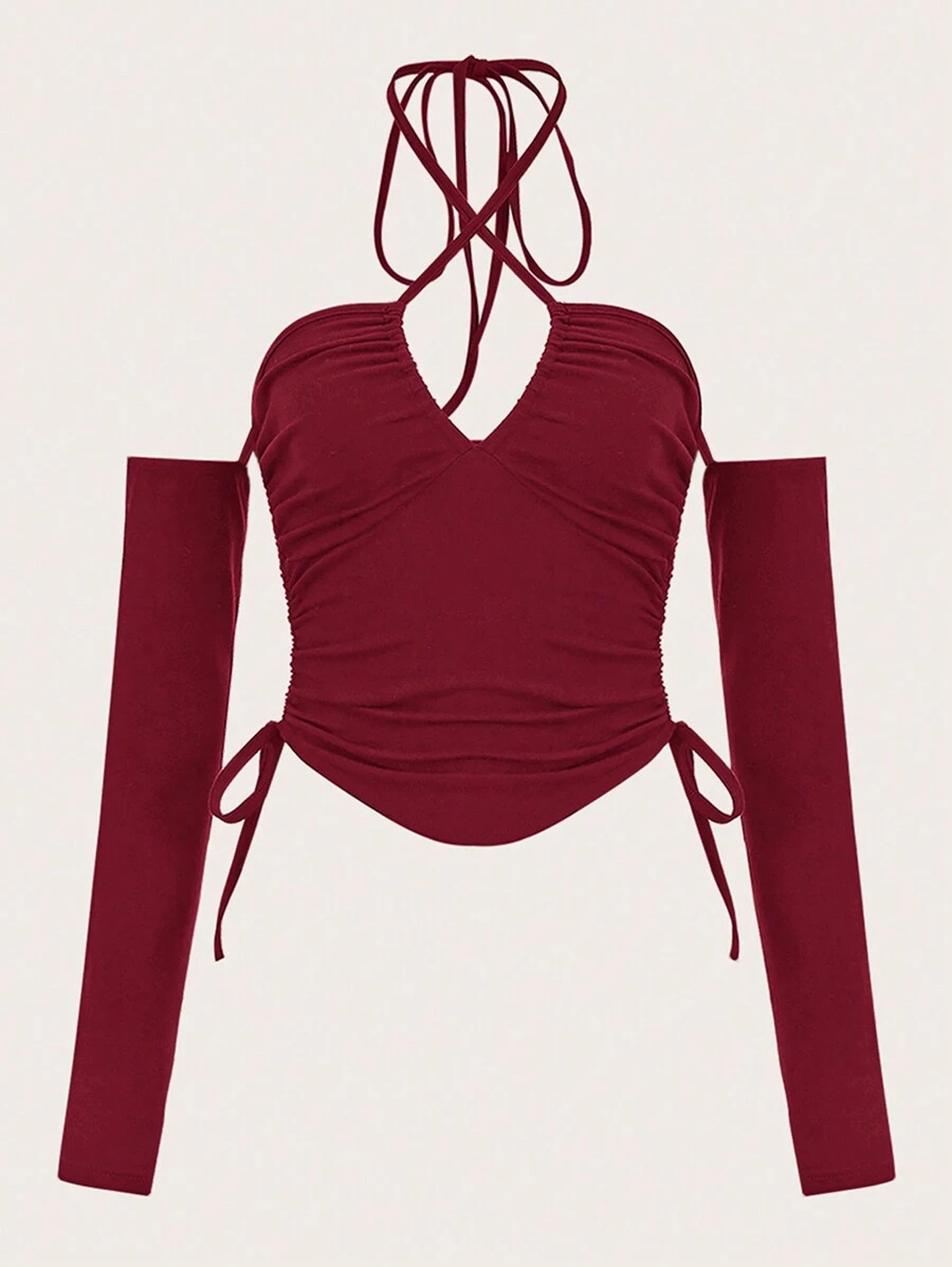 SHEIN ICON Áo thun nữ Hội Chữ thập Dây kéo Xù Buộc lại Cao thấp màu trơn Gợi cảm - Màu Đỏ Sâu - Xem 1