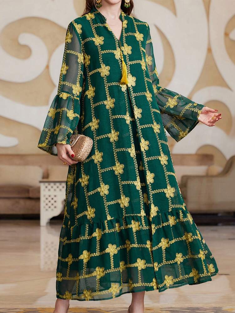 Floral Embroidered Flared Sleeve Notch Neckline Evening Jalabiya Dress, Elegant Evening Party Maxi Dress