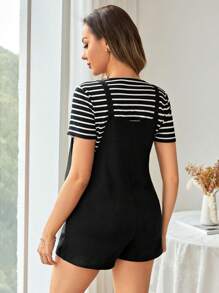 SHEIN Maternity Summer City Casual Round Neck Short Sleeve T-Shirt Adjustable Shoulder Strap Romper Two Pieces Set - Black - View 2