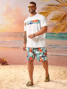 Manfinity RSRT Ensemble casual d'été pour hommes de grande taille, t-shirt et short à imprimé tropical contrasté, plage, Hawaï, tropical, coloré, manches courtes - Multicolore - Voir 3