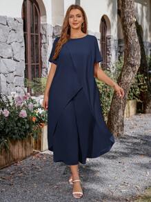 SHEIN Clasi 大碼純色交叉披風長款上衣＆寬腿褲套裝 - 藏蓝色 - 查看 5