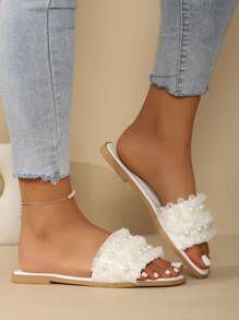Women's Pearl Decor Mesh Beach Casual Flat Sandals - White - View 2