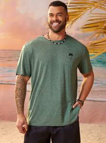 EASEVO Men Plus Size Alphabet & Palm Tree Graphic Printed Knit Casual Short Sleeve T-Shirt, For Vacation Beach, Summer