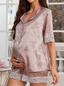 Set di pigiami in seta con pizzo, con bordi jacquard, collo a V, per donne in gravidanza