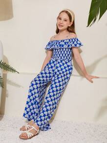 SHEIN 2pcs Tween Girls' Shell Printed Top With Ruffle Trim And Woven Loose Casual Pants Set - Blue - View 6