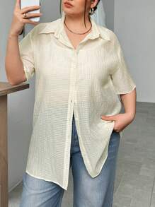 SHEIN Essnce Women's Plus Size Grid Texture Semi-Sheer Casual Fashionable & Vacation Beige Shirt With Open Front - Beige - View 1