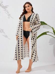 SHEIN VCAY 大尺碼海灘優雅幾何印花和服外套裙 - 彩色 - 查看 3