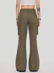 SHEIN EZwear Women's Cargo Pocketed Ultra-Low Rise Bootcut Pants - Army Green - View 2
