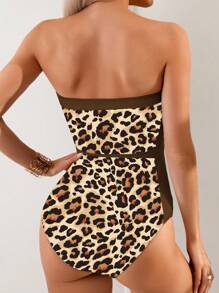 SHEIN Swim Summer Patchwork Leopard Print Strapless Slim Fit One Piece Swimsuit - Multicolor - View 2