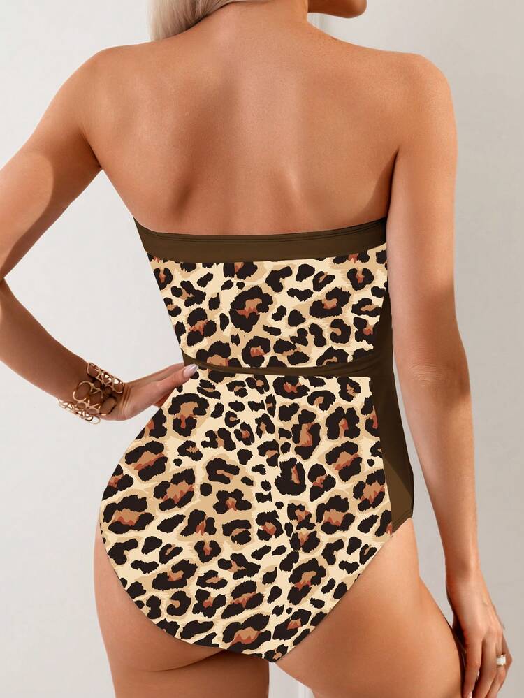 Summer Patchwork Leopard Print Strapless Slim Fit One Piece Swimsuit