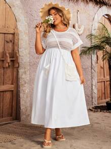 SHEIN Clasi Plus Size Knitted Patchwork Short Sleeve Long Dress - Multicolor - View 3