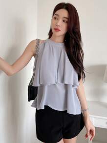 DAZY Women's Patchwork Ruffle Hem Halter Neck Blouse - Blue - View 4