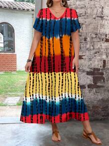 LONESS Summer Casual Tie-Dye Print Slim Fit Plus Size Boho Dress For Women