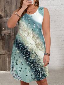 EMERY ROSE 大码女式夏季大理石印花无袖连衣裙 - 綠色 - 查看 6