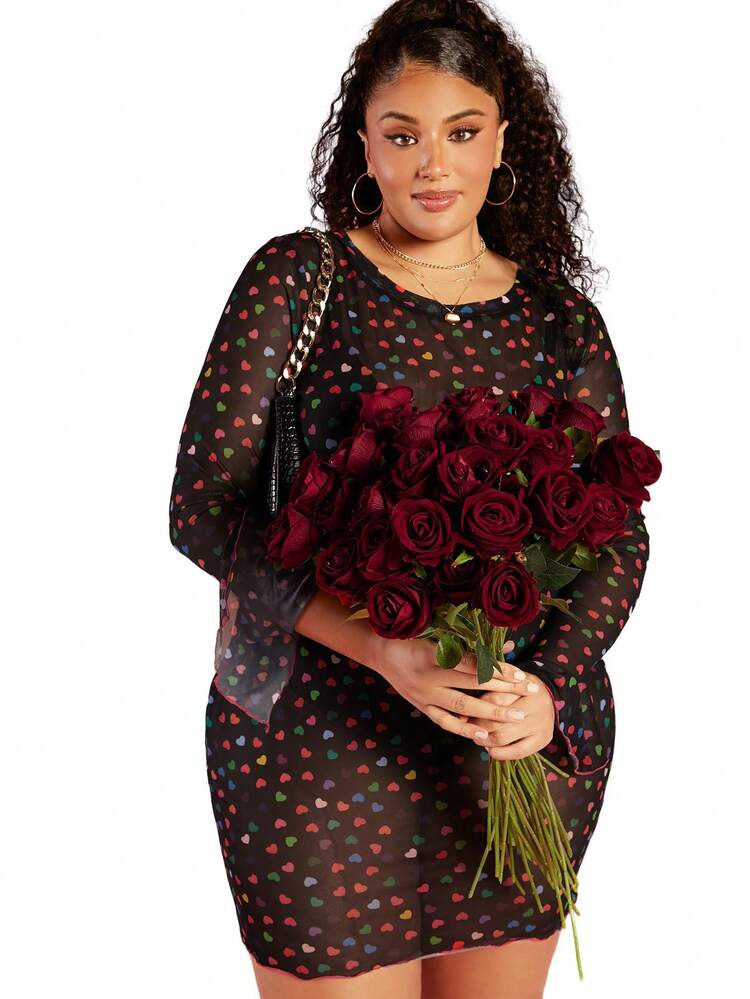 Plus Size Love Print Mesh Dress/Valentine's Day