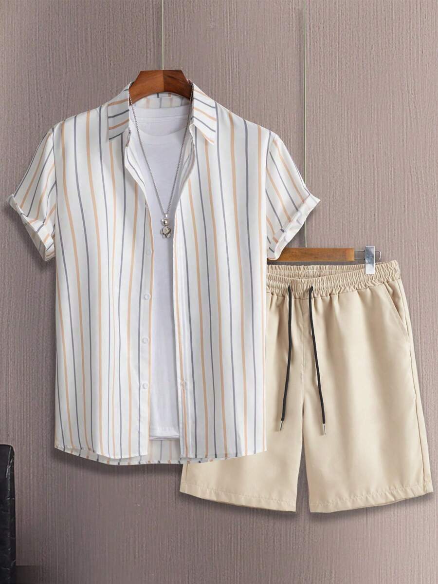 Manfinity Homme Men Striped Shirt & Drawstring Waist Shorts Without Tee