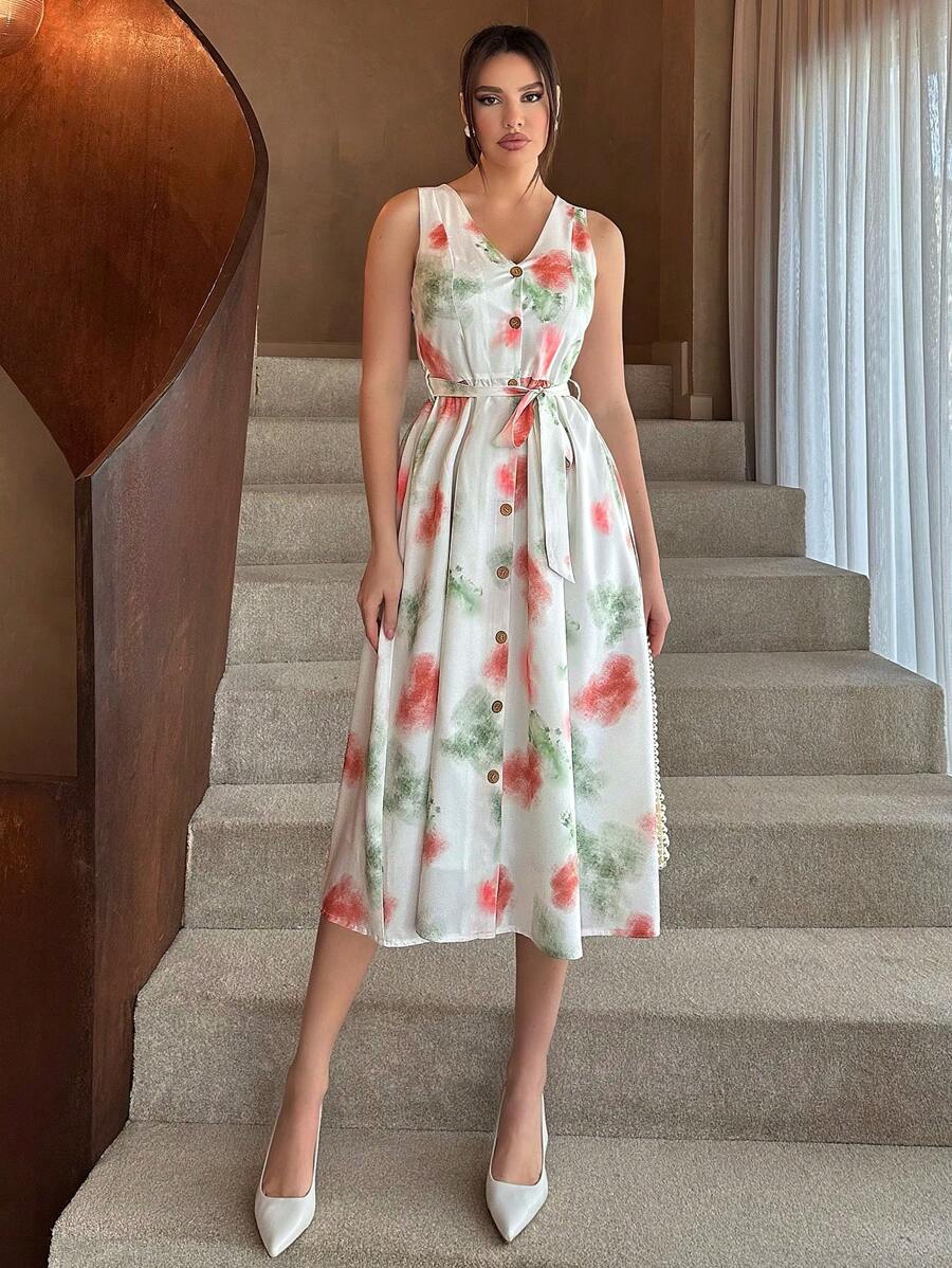 SHEIN Essnce Của phụ nữ Kỳ nghỉ Phong cách Buộc Nhuộm Không tay Single-breasted Đầm - Nhiều màu - Xem 1