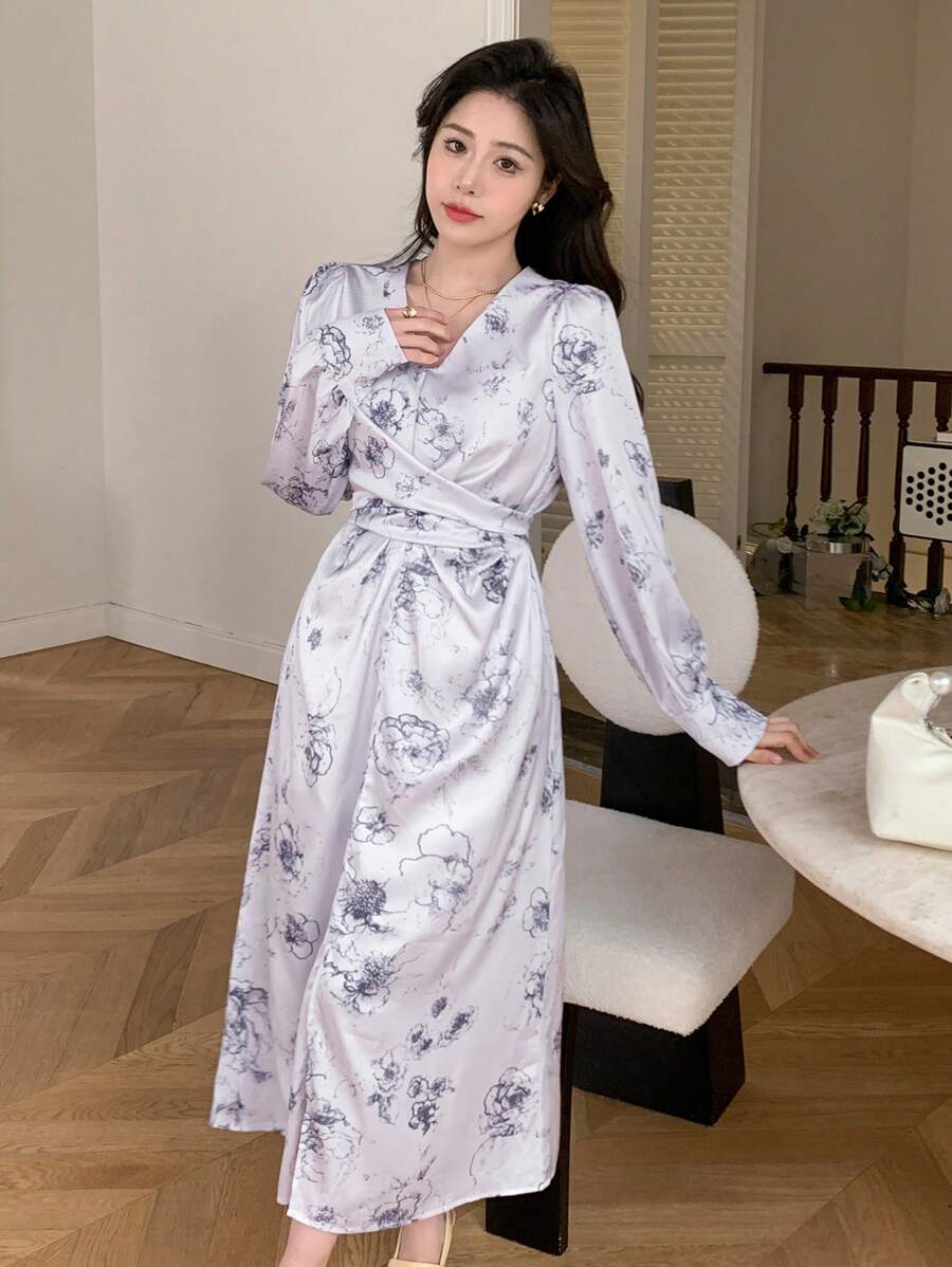 DAZY 女士碎花腰部交叉长袖连衣裙,秋季连衣裙 - 紫色 - 查看 1