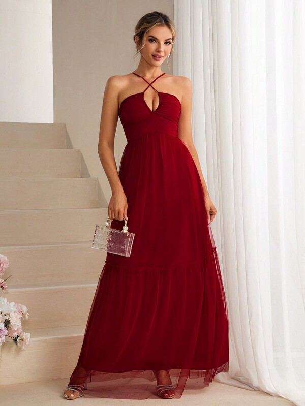 SHEIN Belle Burgundy Red Women's Mesh Splice Cross Halter Neck Midi Dress