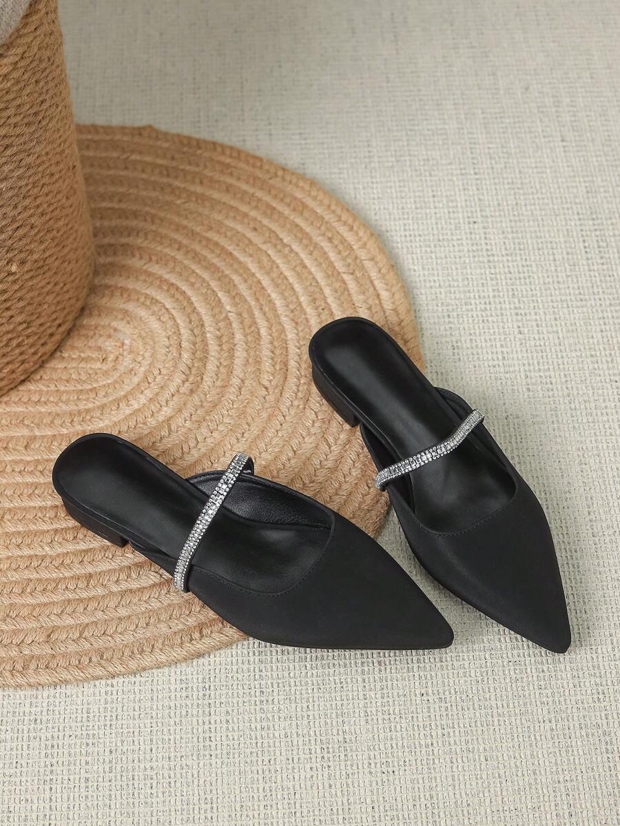 Women's Flat Pointed Toe Rhinestone Mule Shoes With Ankle Strap, Black ...