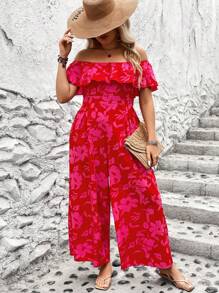 Breezaya Plus Size Vacation Style Floral Print Off-Shoulder Wide Leg Jumpsuit For New Year Clothes - Red - View 1