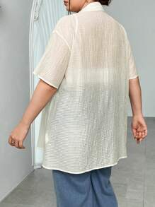 SHEIN Essnce Women's Plus Size Grid Texture Semi-Sheer Casual Fashionable & Vacation Beige Shirt With Open Front - Beige - View 2