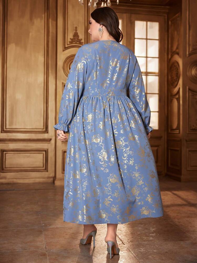 Plus Size V-Neck Floral Flared Sleeve Dress Fall Cloth For Women
