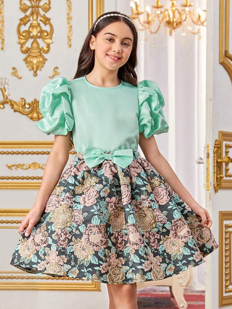 Tween Girls' Lovely Retro Palace Style Round Neck Blouse With Puff Sleeves & Flower Jacquard Skirt Set