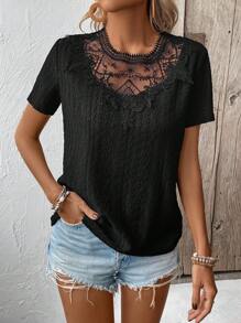 EMERY ROSE Camisa De Mujer Con Cuello Redondo Y Manga Corta Con Remiendos De Encaje
