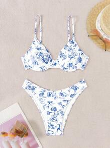 SHEIN Swim 夏季海滩女士花卉印花比基尼套装（带钢圈） - 藍白色 - 查看 3